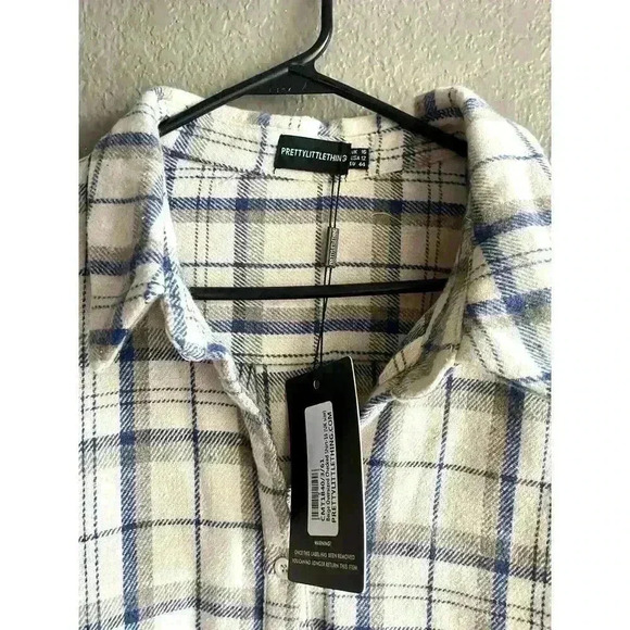Pretty Little Thing Women's Size 3 Oversized Beige Plaid Heavy Flannel Shirt NWT - Picture 3 of 7